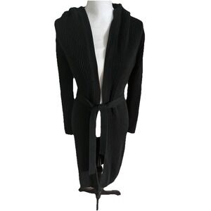 J Crew Black XS Heavy 100% Cotton Ribbed Duster Sweater Cardigan Tie Hood Vtg